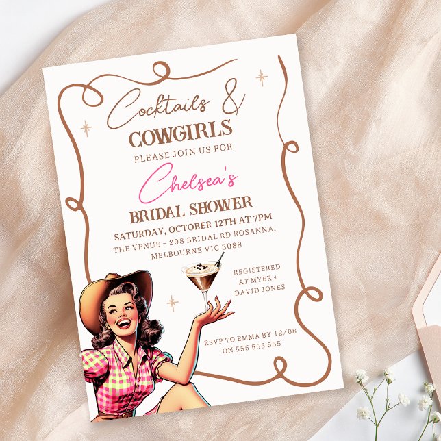Retro Rosa Brown Cocktails Cowtjejer Möhippa Inbjudningar (Cowgirl Bridal Shower Invitation Template, Cocktail and Cowgirls Bridal Shower Invitation Retro)
