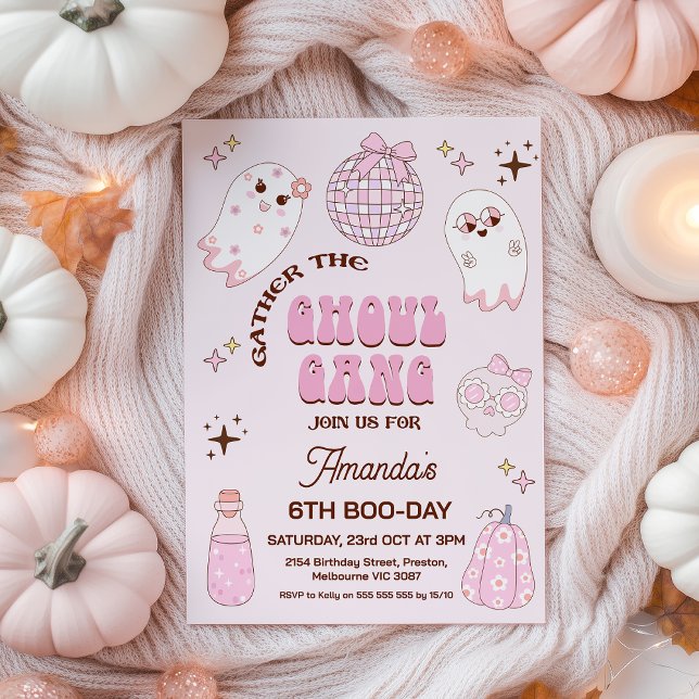 Retro Rosa Brown Halloween Ghoul Gang Birthday Inbjudningar (Ghoul Gang Invitation, Retro Pink Ghoul Gang Halloween Birthday Invitation, Groovy Ghosts Ghoul Gang)