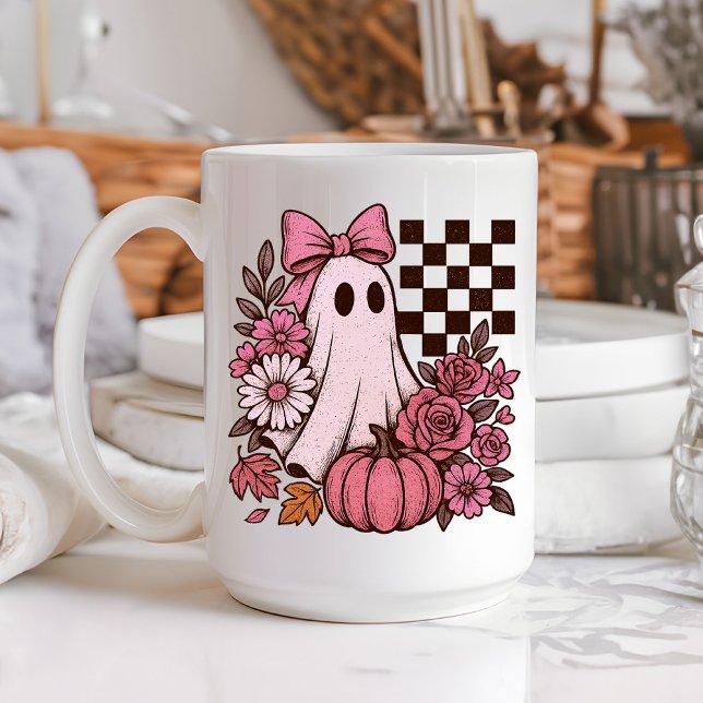 Retro Rosa Coquette Ghost Girl med Bow Halloween Kaffemugg (This coquette ghost retro Halloween design combines floral sweetness with spooky spirit.)