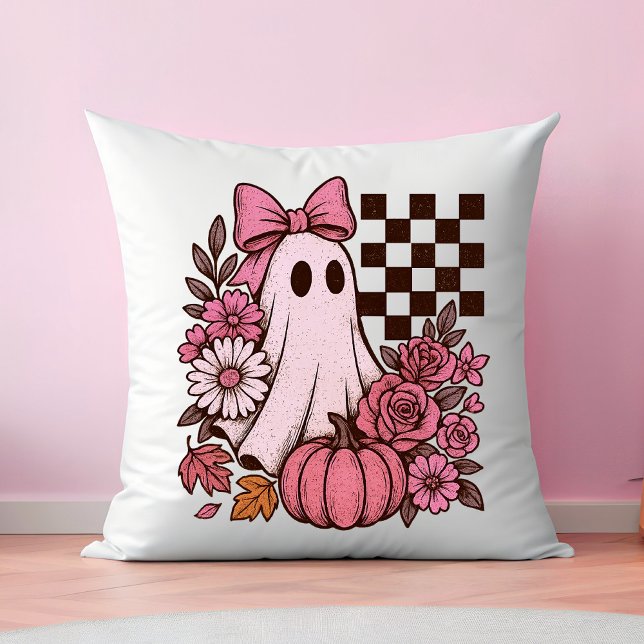 Retro Rosa Coquette Ghost Girl med Bow Halloween Kudde (This coquette ghost retro Halloween design combines floral sweetness with spooky spirit.)