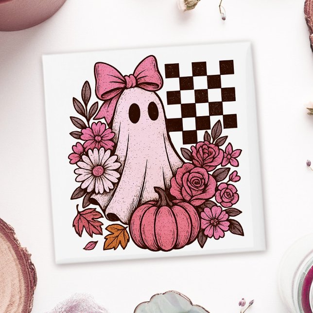 Retro Rosa Coquette Ghost Girl med Bow Halloween Magnet (This coquette ghost retro Halloween design combines floral sweetness with spooky spirit.)