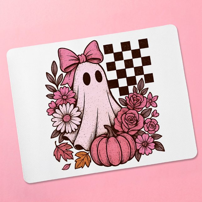Retro Rosa Coquette Ghost Girl med Bow Halloween Musmatta (This coquette ghost retro Halloween design combines floral sweetness with spooky spirit.)