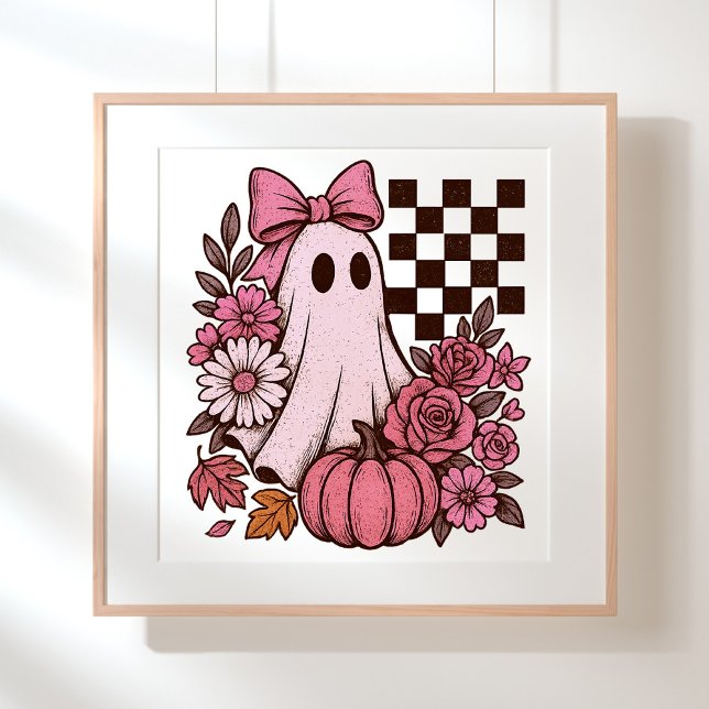 Retro Rosa Coquette Ghost Girl med Bow Halloween Poster (This coquette ghost retro Halloween design combines floral sweetness with spooky spirit.)