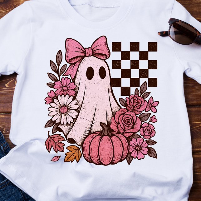 Retro Rosa Coquette Ghost Girl med Bow Halloween T Shirt (This coquette ghost retro Halloween design combines floral sweetness with spooky spirit.)