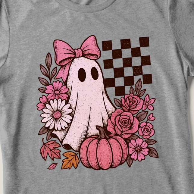 Retro Rosa Coquette Ghost Girl med Bow Halloween T Shirt (This coquette ghost retro Halloween design combines floral sweetness with spooky spirit.)