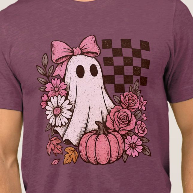 Retro Rosa Coquette Ghost Girl med Bow Halloween T Shirt (This coquette ghost retro Halloween design combines floral sweetness with spooky spirit.)