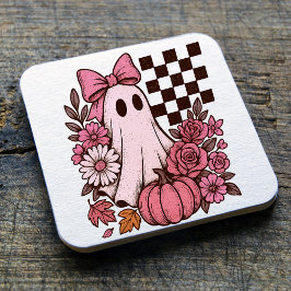 Retro Rosa Coquette Ghost Girl med Bow Halloween Underlägg Papper Kvadrat
