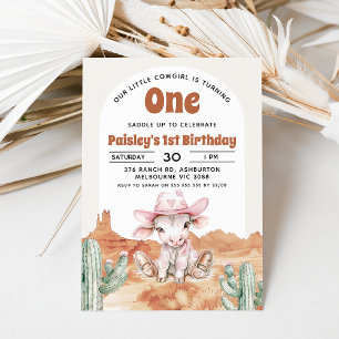 Retro Rosa Cow Cowgirl Vilda western 1:a födelseda Inbjudningar