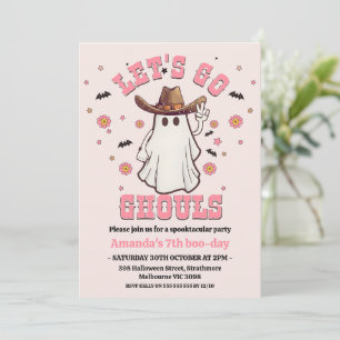 Retro Rosa Cowgirl Go Ghouls Halloween Birthday Inbjudningar