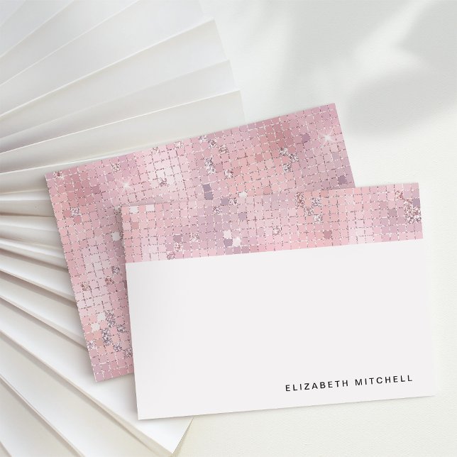 Retro  Rosa Disco Boll Spegel | Monogram Anteckningskort (Glam, disco-inspired note cards)