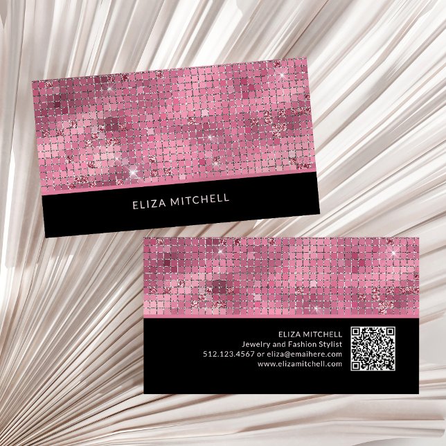 Retro Rosa Disco Boll Spegel | QR-kod Visitkort (A glam, disco ball inspired business card in dark pink and black with a scannable QR code)