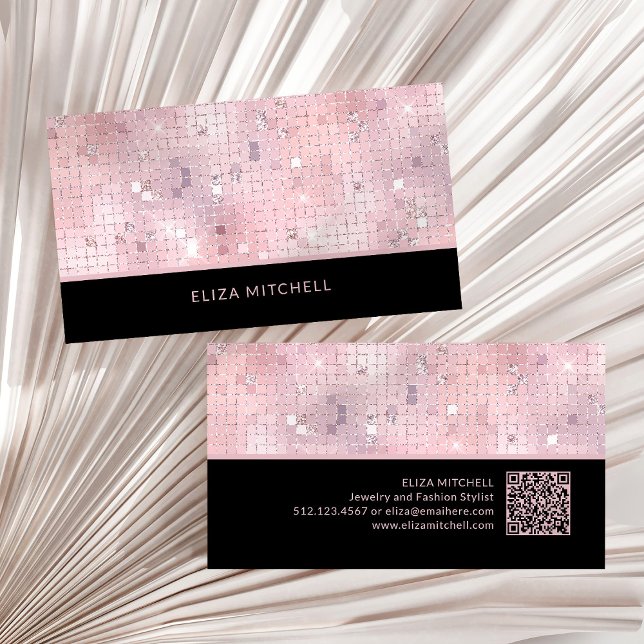 Retro  Rosa Disco Boll Spegel | QR-kod Visitkort (A glam, disco-ball inspired business card in blush pink and black with a scannable QR code)