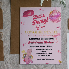 Retro Rosa Disco Cowgirl Western Bachelorette Inbjudningar