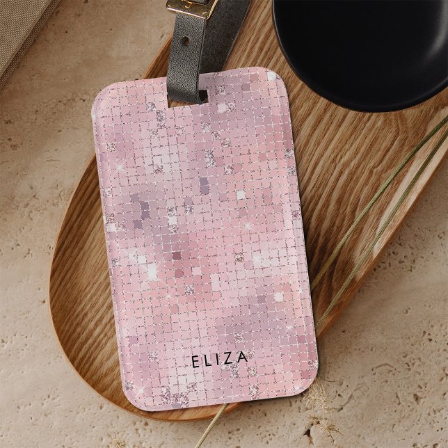 Retro  Rosa Disco Spegel | Monogram Bagagebricka (A glam, blush pink disco ball inspired luggage tag)