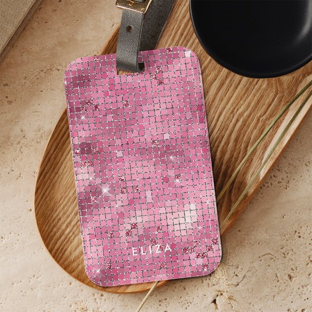 Retro Rosa Disco Spegel | Monogram Bagagebricka (A glam, dark pink disco ball inspired luggage tag)