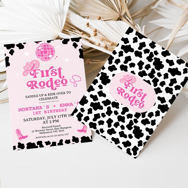 Retro Rosa Disco Twillingars First Rodeo 1:a födel Inbjudningar (Twin Girls First Rodeo Birthday Invitation, 1st Rodeo Birthday Invite, Southwestern Ranch Western)
