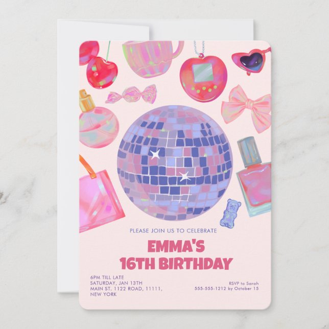 Retro Rosa Disco yk2 estesiskt sötningsmedel 16 fö Inbjudningar (Framsida)