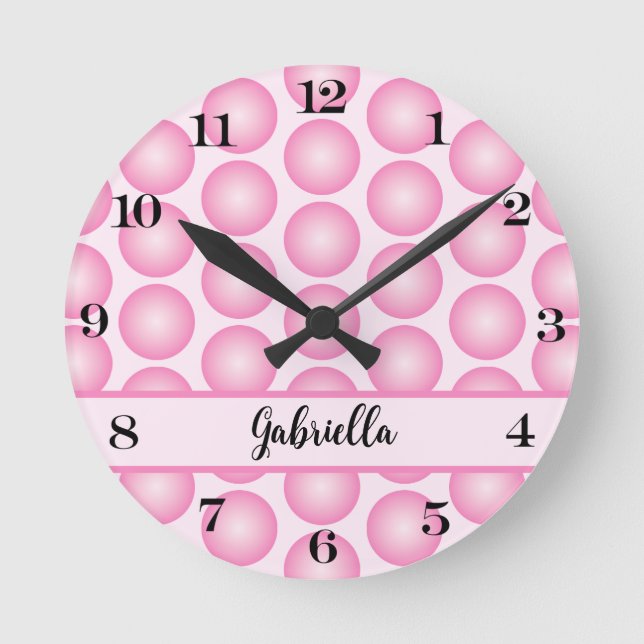 Retro Rosa Dot Script Namn Personlig Wall Clock Rund Klocka (Framsida)