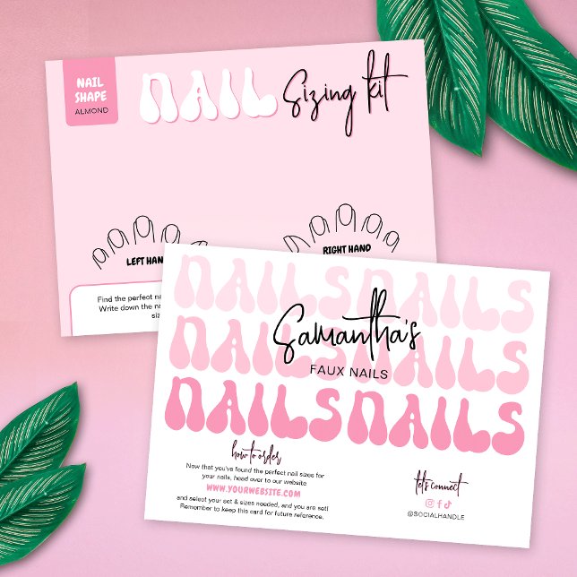 Retro Rosa Fals Nagel Storlekskort Visningskort (Retro pink nails sizing kit display cards with your brand info and order details)