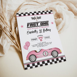 Retro Rosa Fast One Tävling Car Girl Första födels Inbjudningar