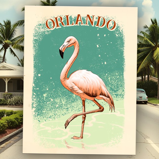 Retro Rosa Flamingo Florida Semesterpresent Stad Vykort (Retro Pink Flamingo postcard in vintage Miami style, personalized with Florida destination city.)