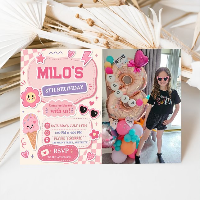 Retro Rosa Flickfödelsedag  Inbjudningar (Skapare uppladdad)