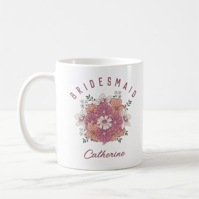 Retro Rosa Flower Custom Name Bridesmaid Mugg (Vänster)