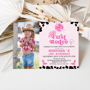 Retro Rosa Foto Disco Första Rodeo 1-årsdag Inbjudningar
