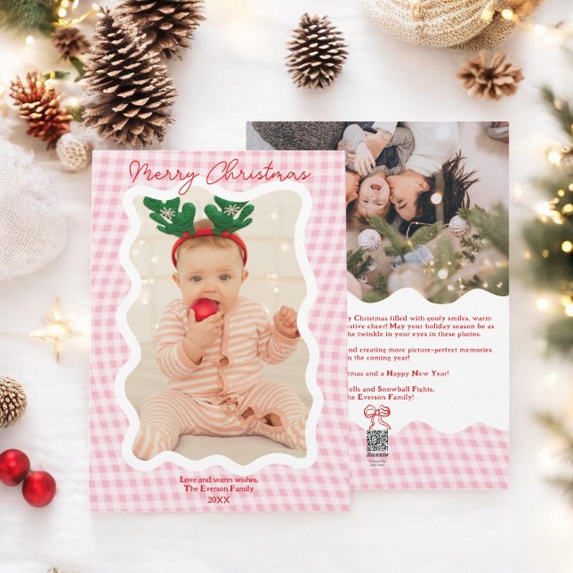 Retro Rosa Gingham God jul Vågigt 2 foton Julkort (Retro Pink Gingham Merry Christmas Wavy 2 photos Holiday Card)