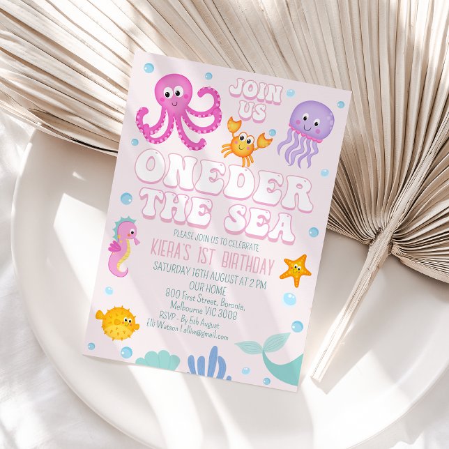 Retro Rosa Girls Oneder Sea First Birthday Inbjudningar (Pink Oneder the Sea 1st Birthday Invitation Template Baby Girl Under Sea 1st Birthday Invitation)