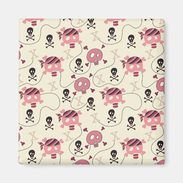 Retro Rosa Girly Skull och Bones Magnet (Framsidan)