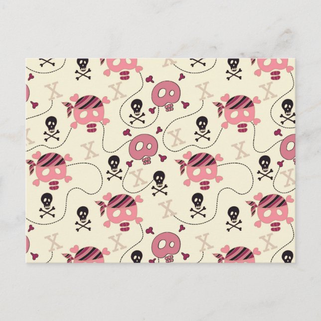 Retro Rosa Girly Skull och Bones Vykort (Framsida)