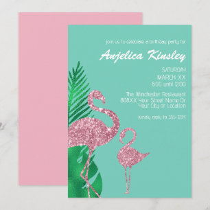 Retro Rosa Glitter Flamingo och Handflatan Löv Inbjudningar