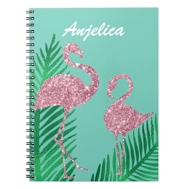 Retro Rosa Glitter Flamingo och Palmblad Anteckningsbok (Framsidan)