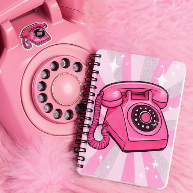 Retro Rosa Glittrande Roterande Kopparstelefon Anteckningsbok (Notebook features a bold pink rotary phone with sparkle pop art rays in pink, white, and silver)