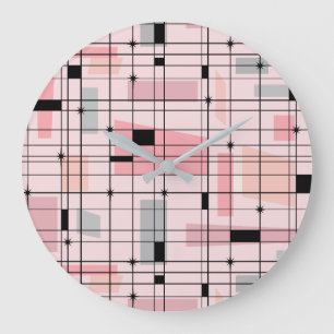 Retro Rosa Grid och Starburger Round Wall Clock Stor Klocka