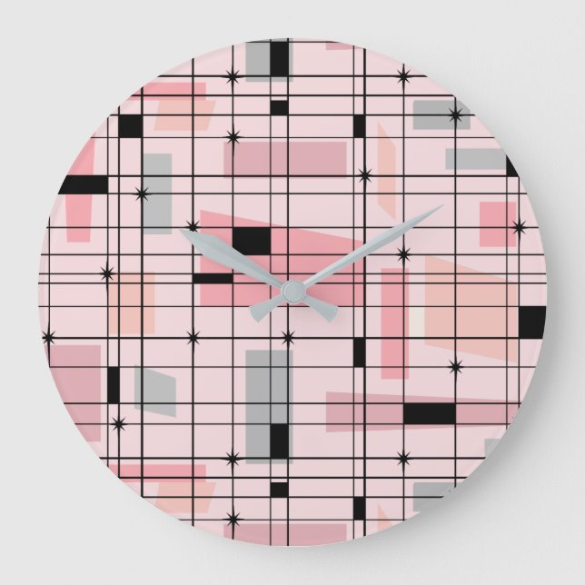 Retro Rosa Grid och Starburger Round Wall Clock Stor Klocka (Framsida)