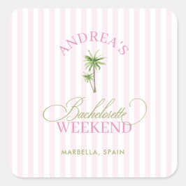 Retro Rosa & Grön Palmträd Strand Bachelorette Fyrkantigt Klistermärke