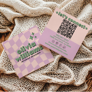 Retro Rosa Grön QR-kod Groovy Rutig Girlig Fyrkantigt Visitkort