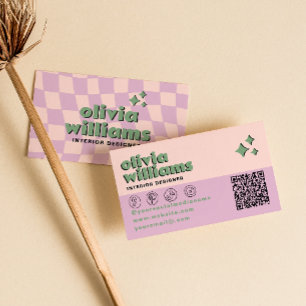 Retro Rosa Grön QR-kod Groovy Rutig Trendig Visitkort