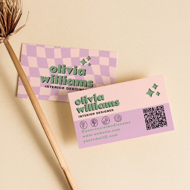 Retro Rosa Grön QR-kod Groovy Rutig Trendig Visitkort (Skapare uppladdad)