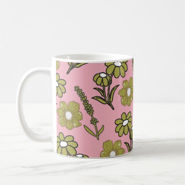 Retro Rosa Grönt Blommigt för uppspelning av Y2K V Kaffemugg (Vänster)