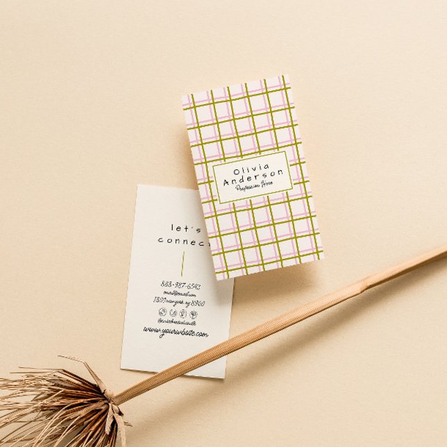 Retro Rosa Grönt Checkated Rand Trendig Boho Visitkort (Skapare uppladdad)