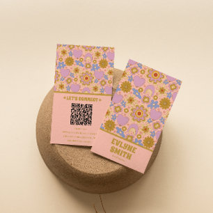 Retro Rosa Grönt QR Code Groovy Blommigt Girly Visitkort