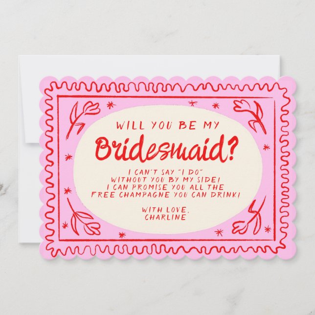 Retro Rosa & Grönt Vågigt Frieri i Bridesmaid Inbjudningar (Framsida)