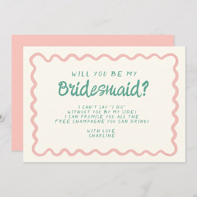 Retro Rosa & Grönt Vågigt Frieri i Bridesmaid Inbjudningar (Skapare uppladdad)