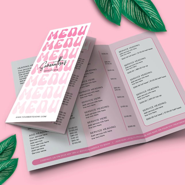 Retro Rosa Groovy Beauty Salon Tri-Fold Pris List (Retro pink business tri-fold price list with groovy fonts and feminine pink color scheme)