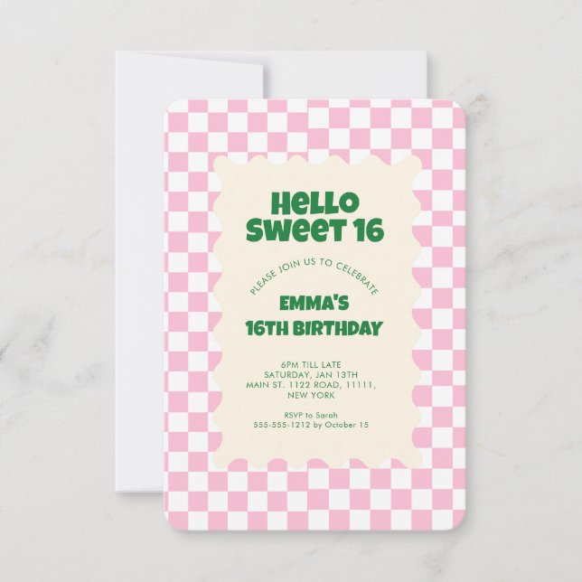 Retro Rosa Groovy Checker Sweet 16-inbjudan Inbjudningar (Framsida)