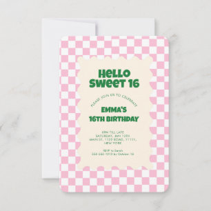 Retro Rosa Groovy Checker Sweet 16-inbjudan Inbjudningar