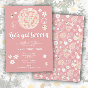 Retro Rosa Groovy kontrollerade hippie Disco Birth Inbjudningar